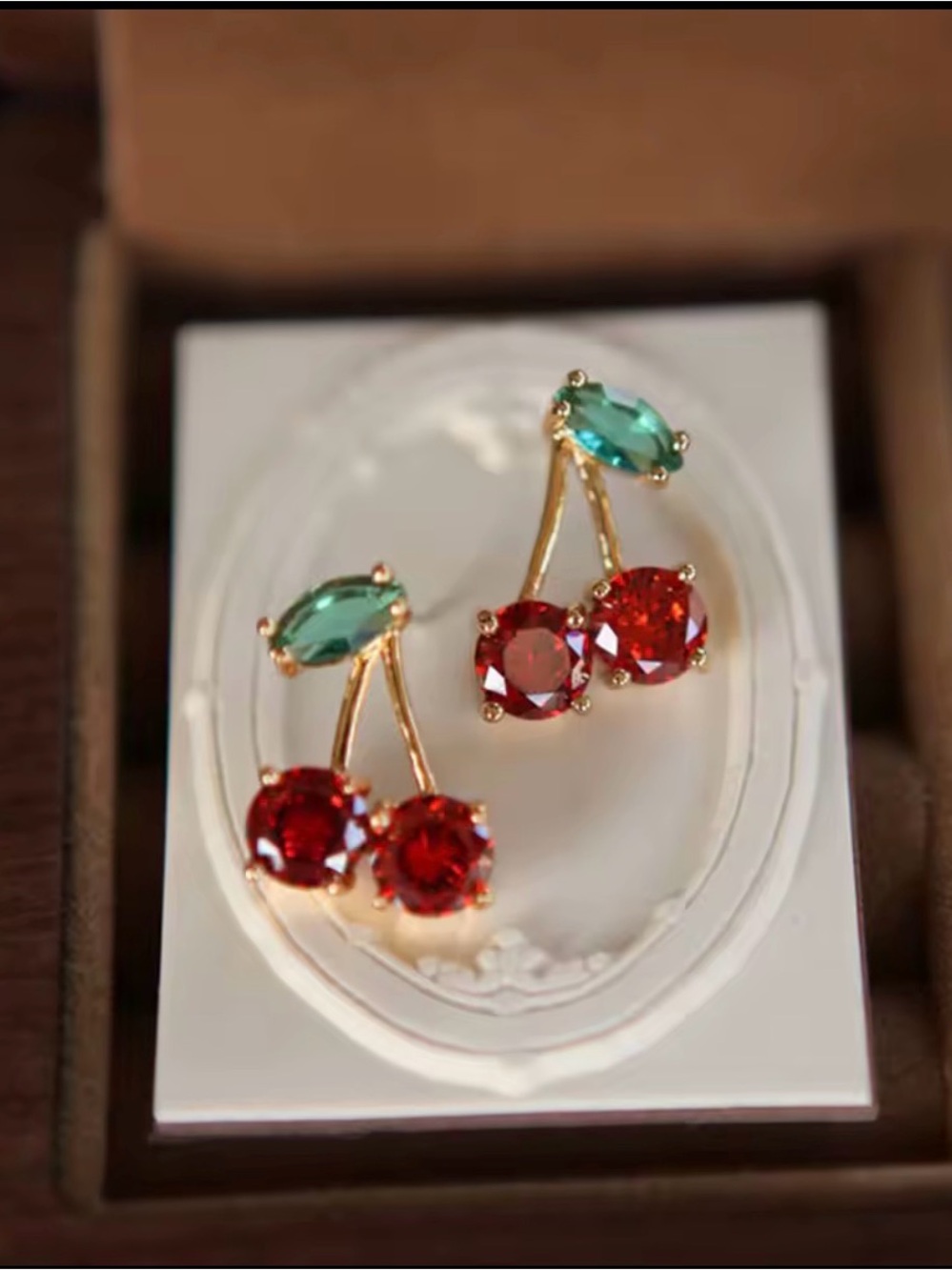 Gold Cherry Drop Earrings with Red and Teal Crystals